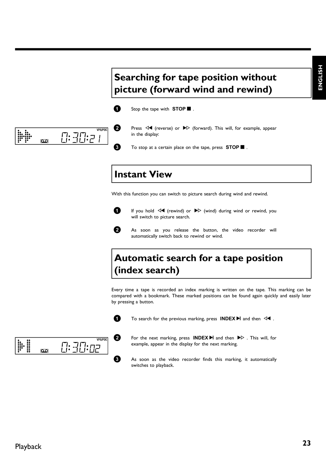 Philips DVR specifications Instant View, Automatic search for a tape position index search 