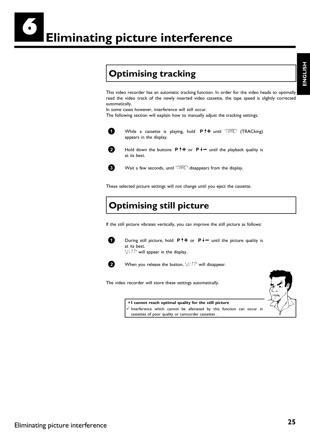 Philips DVR specifications FEliminating picture interference, Optimising tracking, Optimising still picture 