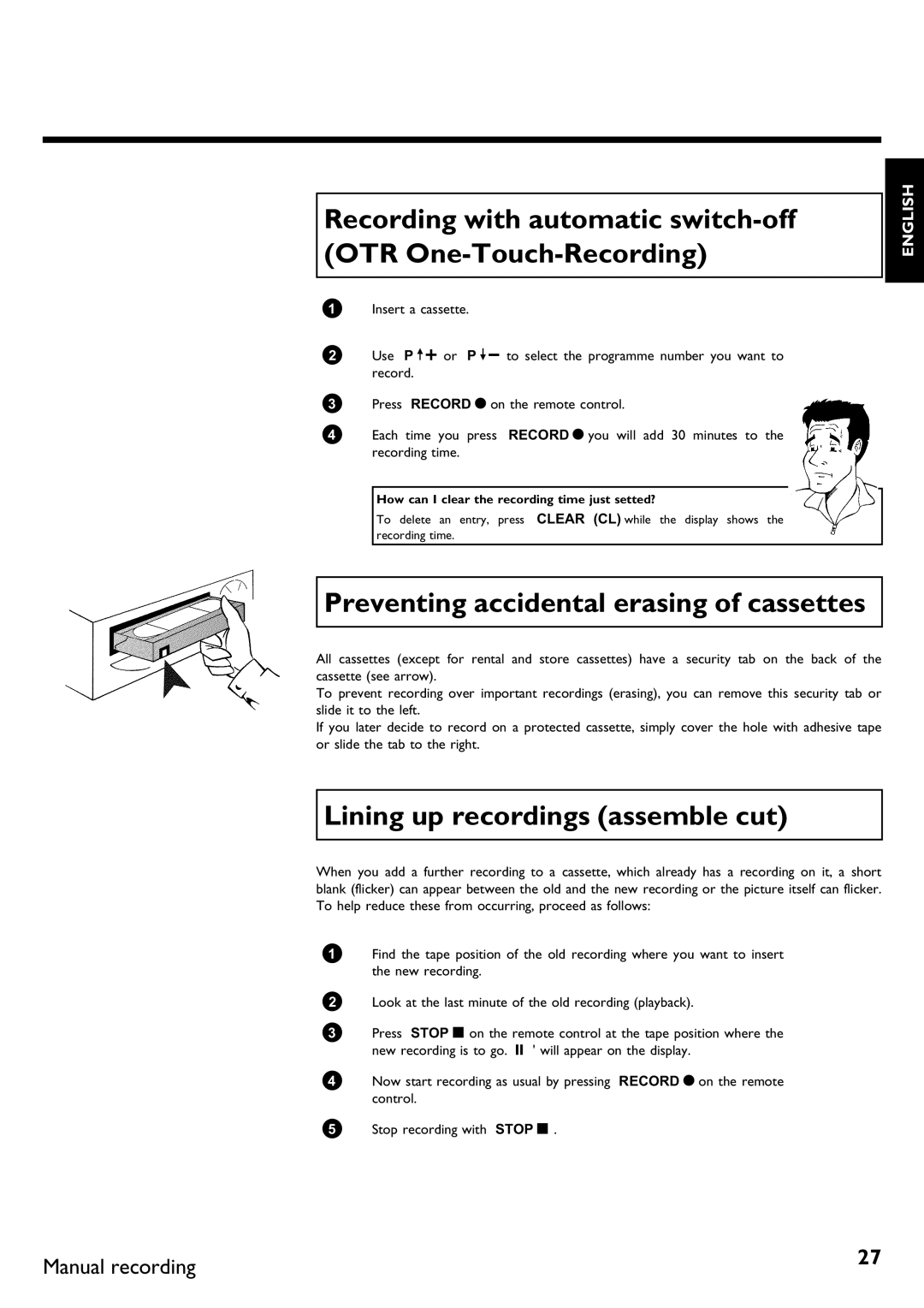 Philips DVR specifications Recording with automatic switch OTR One, Preventing accidental erasing of cassettes 