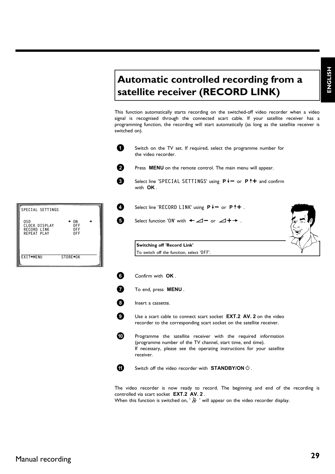 Philips DVR specifications Automatic controlled recording from a, Satellite receiver Record Link, Switching off Record Link 