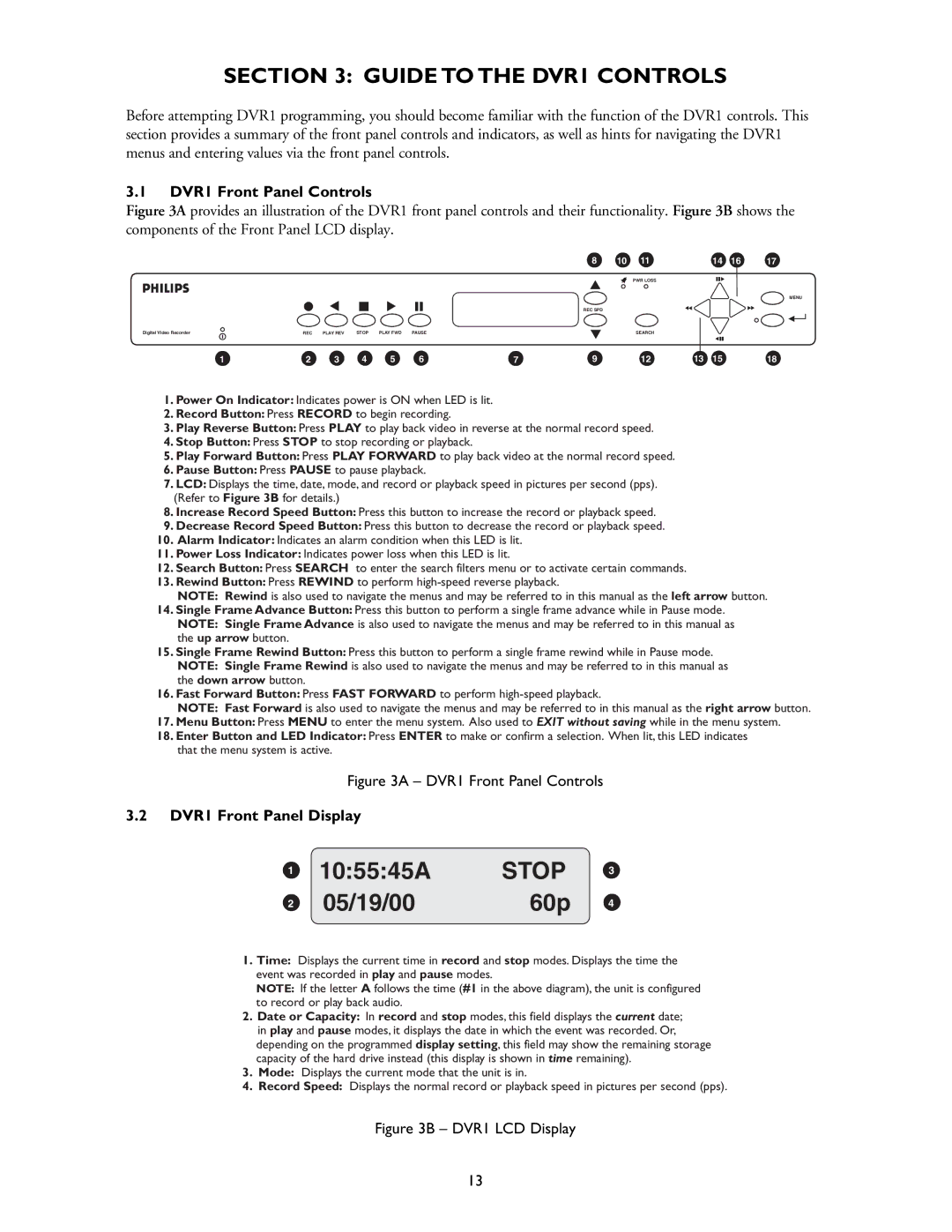 Philips DVR1EP32A, DVR1EP08, DVR1EP16 Guide to the DVR1 Controls, DVR1 Front Panel Controls, DVR1 Front Panel Display 