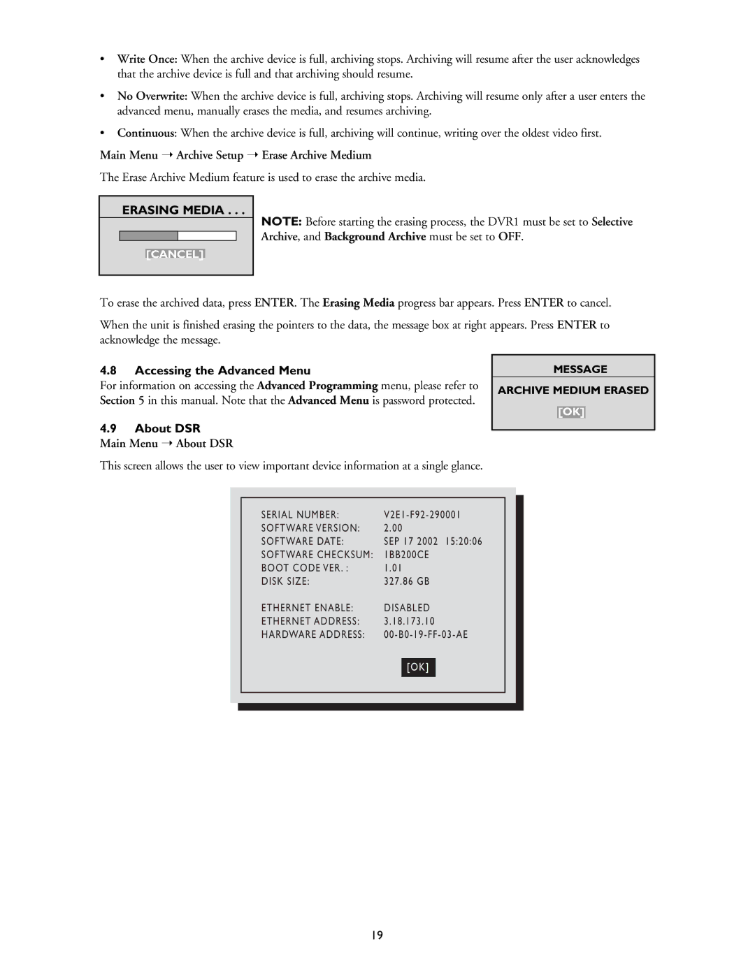 Philips DVR1EP32 Main Menu Archive Setup Erase Archive Medium, Accessing the Advanced Menu, Main Menu About DSR 