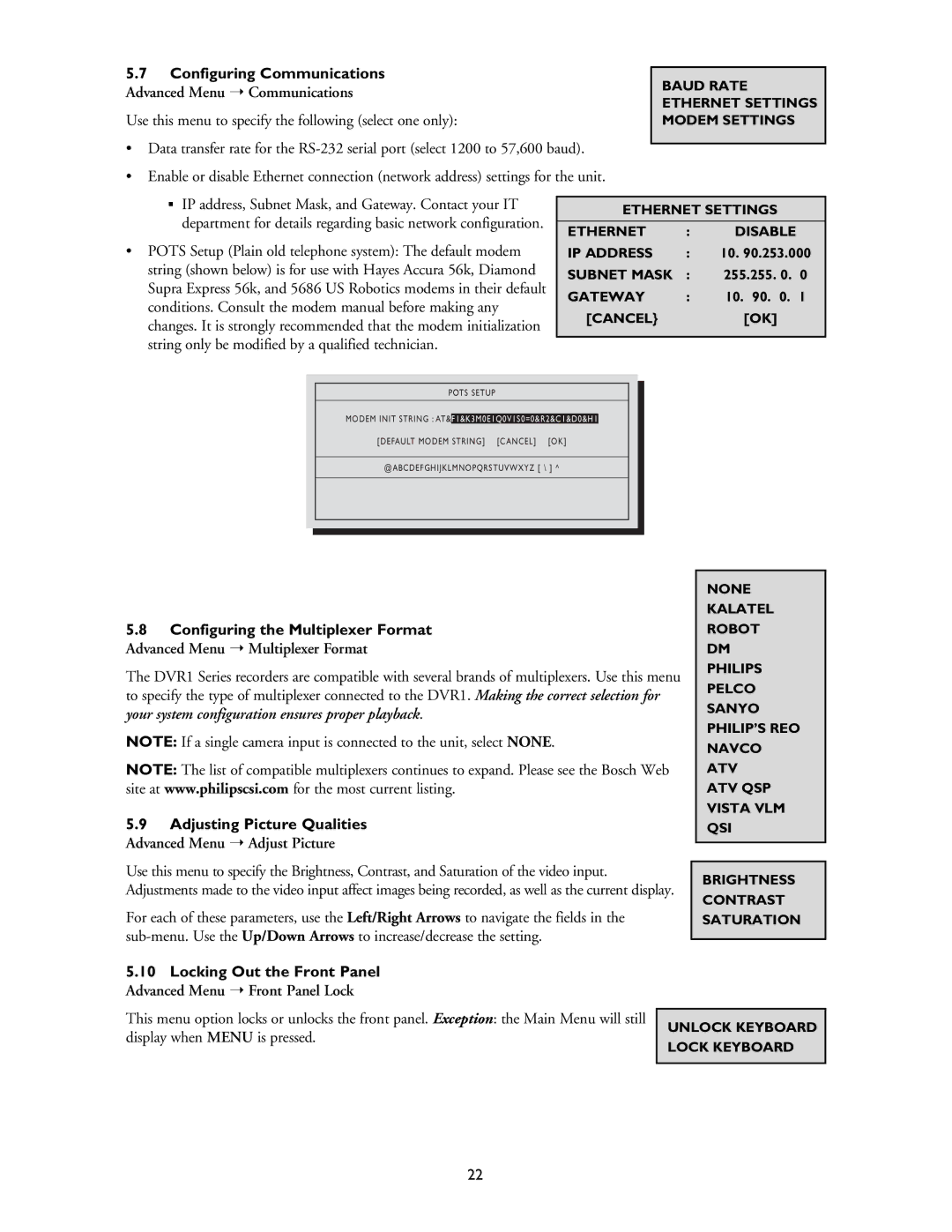 Philips DVR1EP16, DVR1EP08 Configuring Communications, Configuring the Multiplexer Format, Adjusting Picture Qualities 