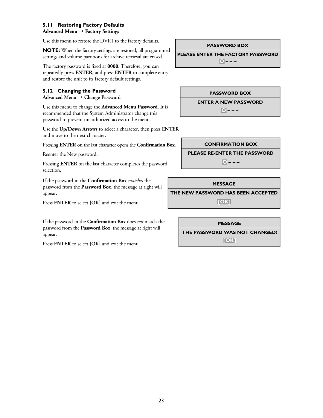 Philips DVR1EP08, DVR1EP32A, DVR1EP16 Restoring Factory Defaults, Advanced Menu Factory Settings, Changing the Password 