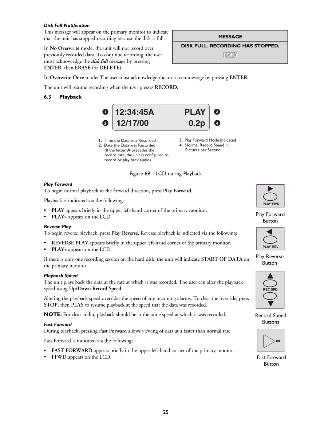 Philips DVR1EP32A, DVR1EP08, DVR1EP16 installation instructions Playback, Message Disk FULL. Recording has Stopped 