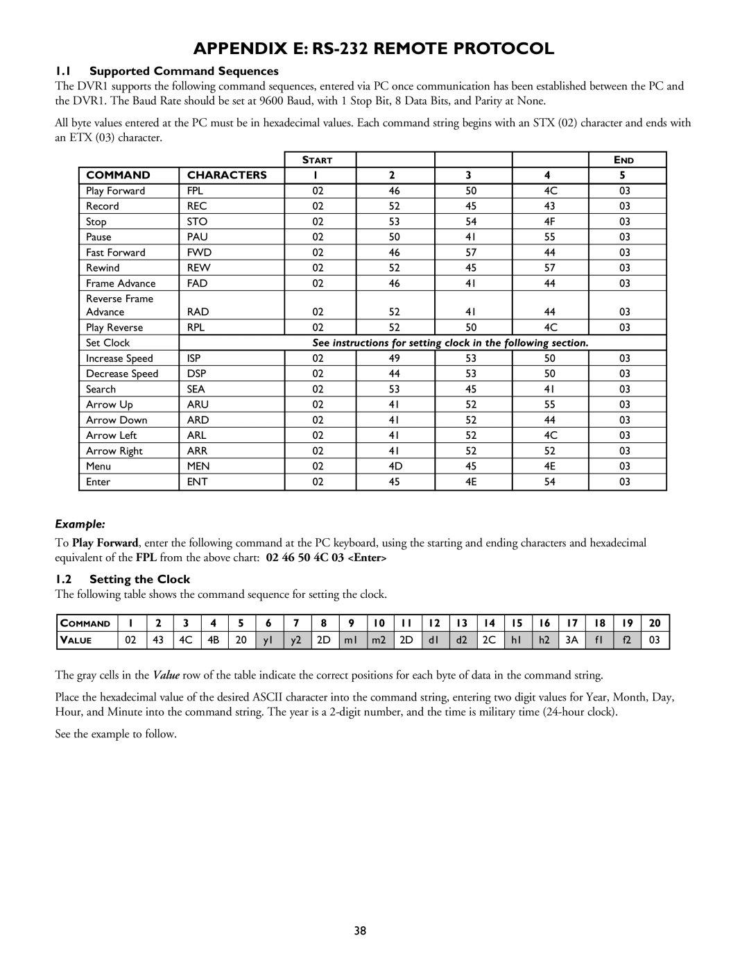 Philips DVR1EP16 Appendix E RS-232 Remote Protocol, Supported Command Sequences, Setting the Clock, Command Characters 