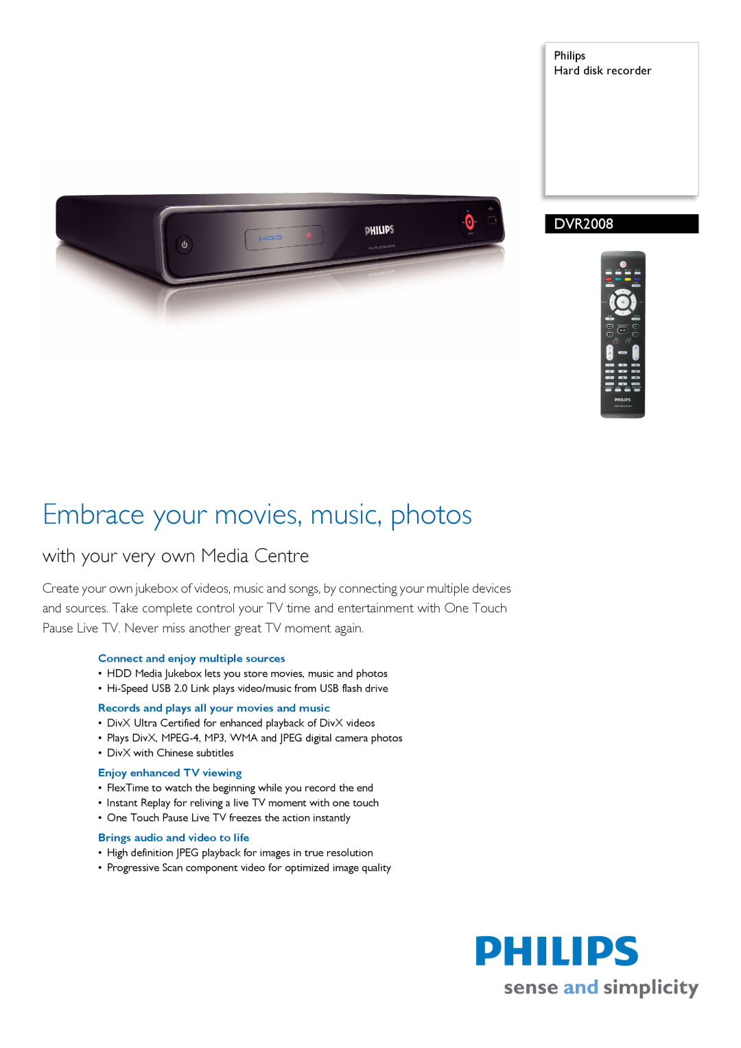 Philips DVR2008/97 manual Connect and enjoy multiple sources, Records and plays all your movies and music 