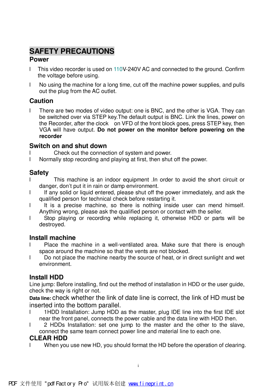 Philips DVR2104 manual Power, Switch on and shut down, Safety, Install machine, Install HDD 