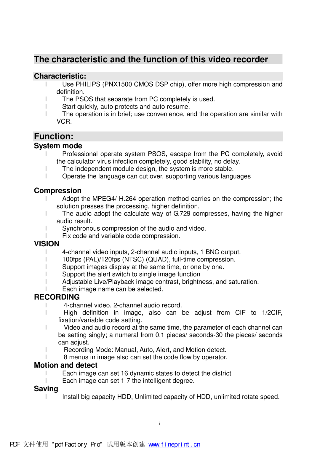 Philips DVR2104 manual Characteristic, System mode, Compression, Motion and detect, Saving 