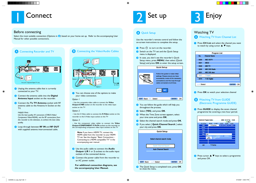 Philips DVR7100, DVR5100/75 quick start Before connecting, Watching TV, Connecting the Video/Audio Cables, Quick Setup 