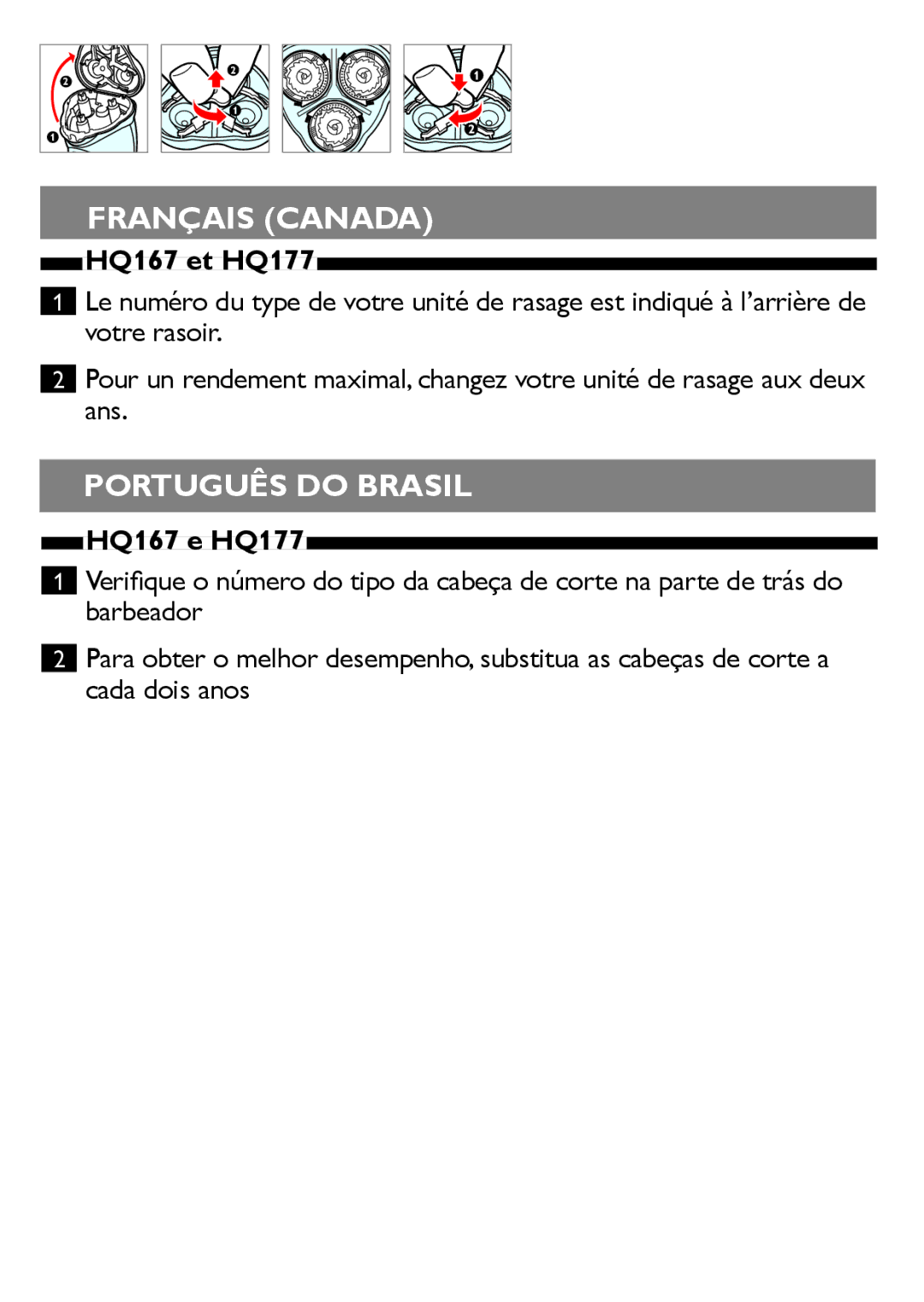 Philips E 825 S manual Français Canada, Português do Brasil, HQ167 e HQ177 