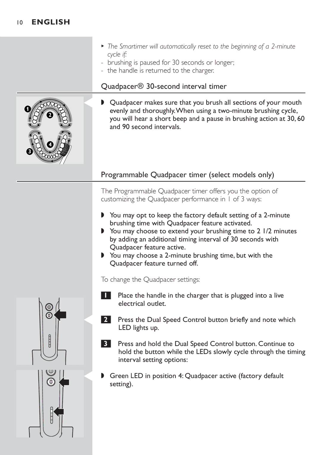 Philips e7000 Series manual Quadpacer\ 30-second interval timer, Programmable Quadpacer timer select models only 