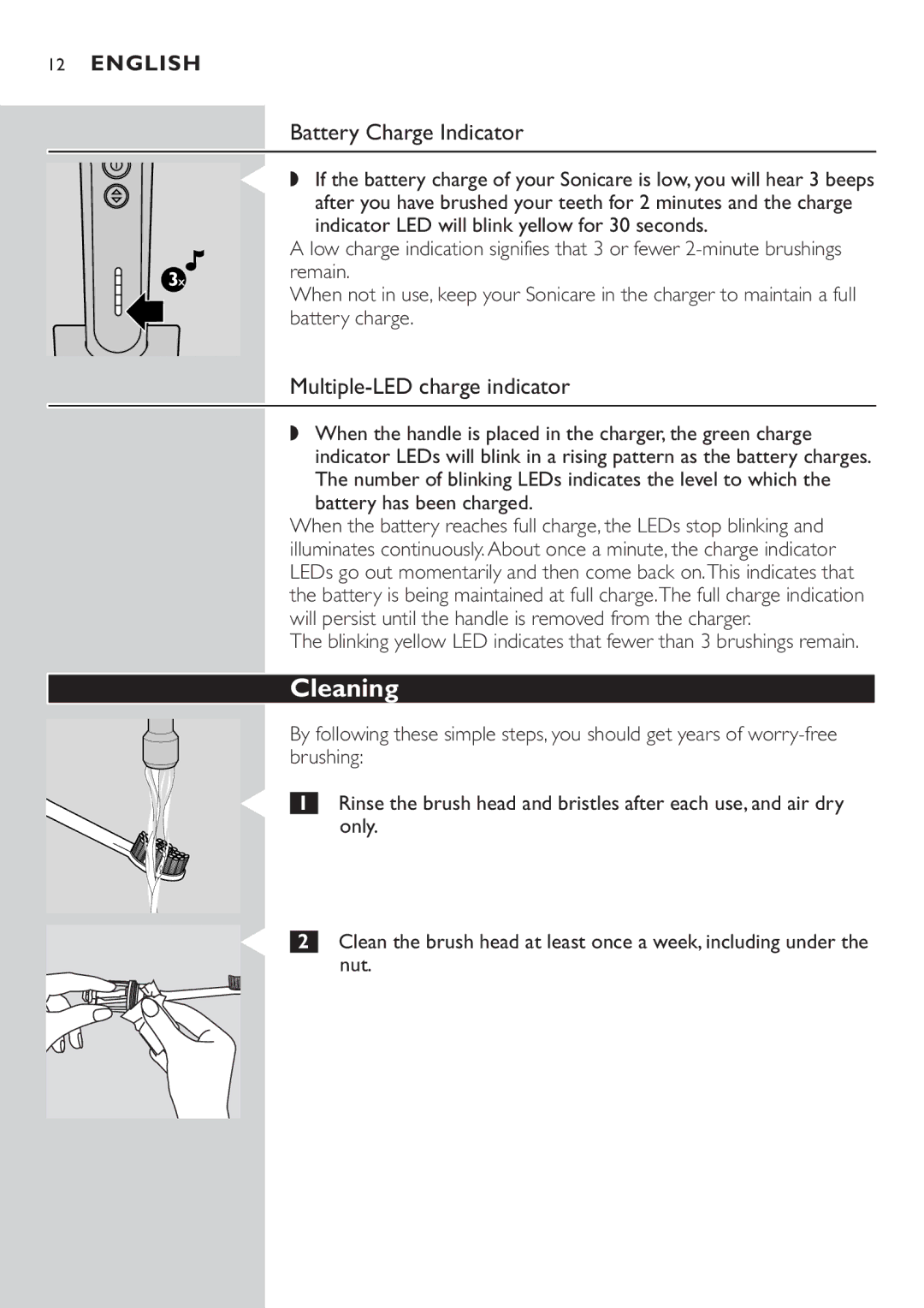 Philips e7000 Series manual Cleaning, Battery Charge Indicator, Multiple-LED charge indicator 