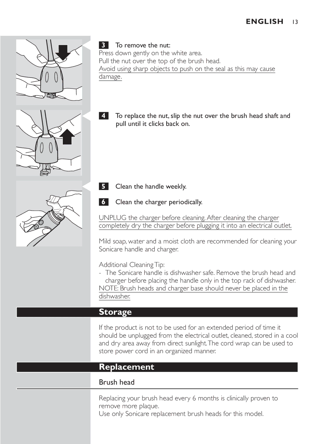 Philips e7000 Series manual Storage, Replacement, Brush head 