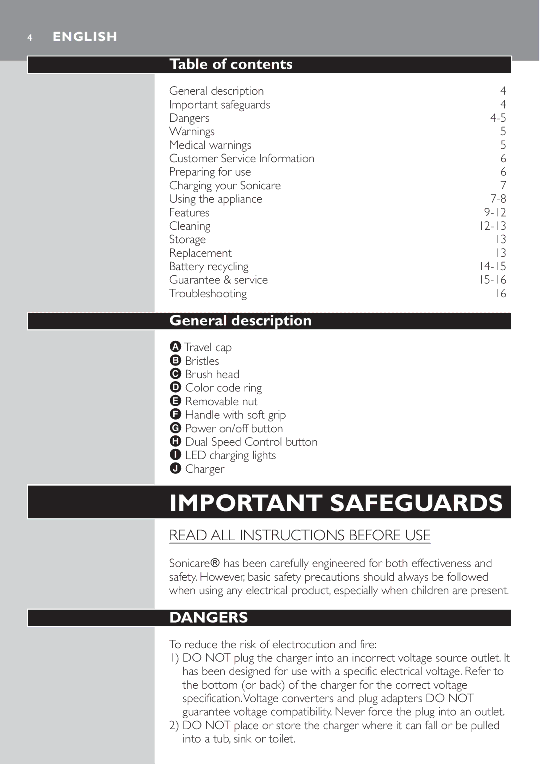 Philips e7000 Series manual Table of contents, General description 