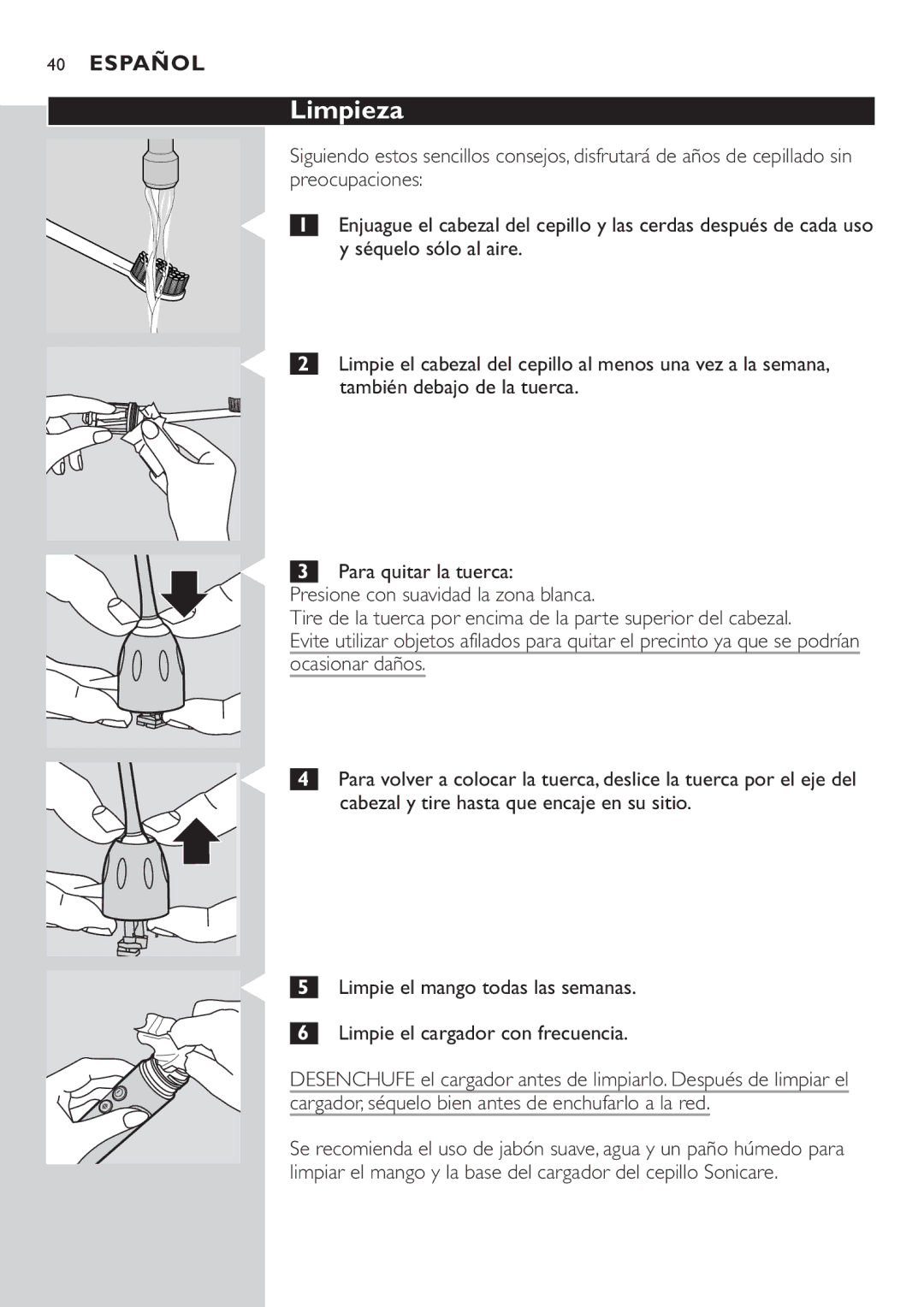 Philips e7000 Series manual Limpieza, Séquelo sólo al aire, Limpie el cabezal del cepillo al menos una vez a la semana 