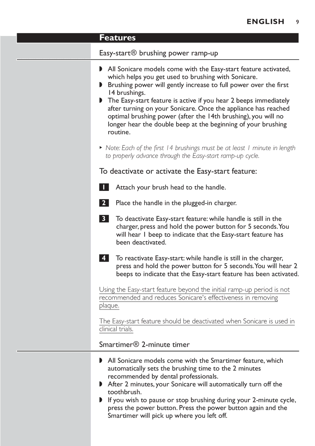 Philips e7000 Series manual Features, Easy-start\brushing power ramp-up, To deactivate or activate the Easy-start feature 
