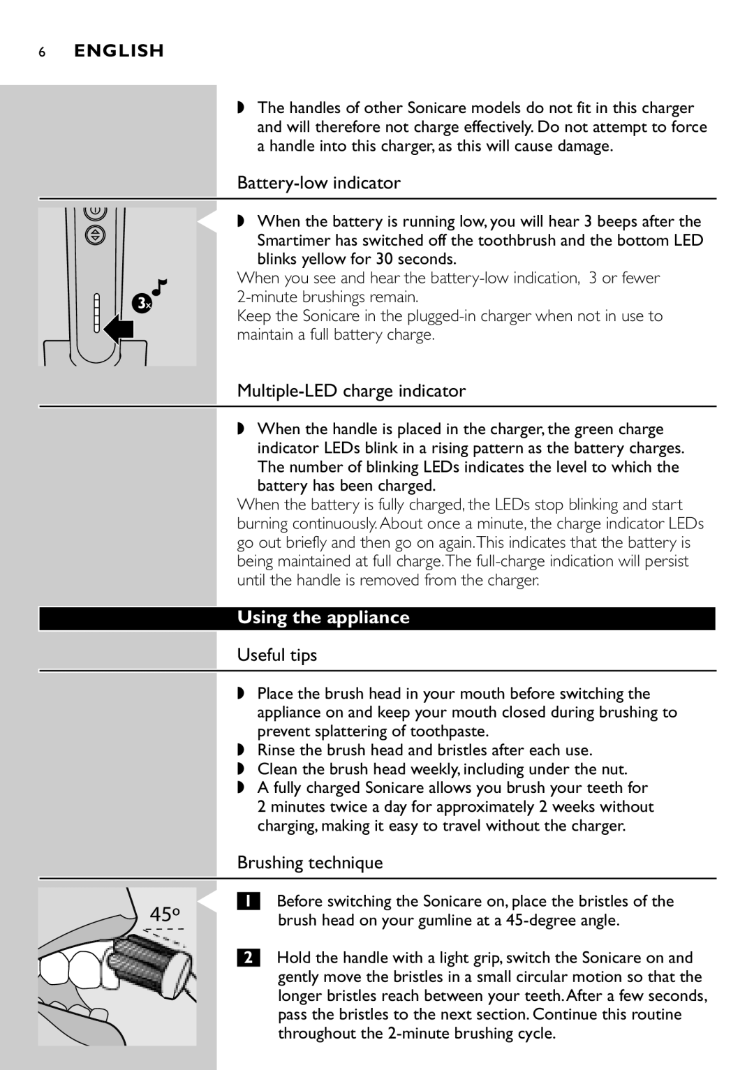 Philips e7000 Battery-low indicator, Multiple-LED charge indicator, Using the appliance, Useful tips, Brushing technique 