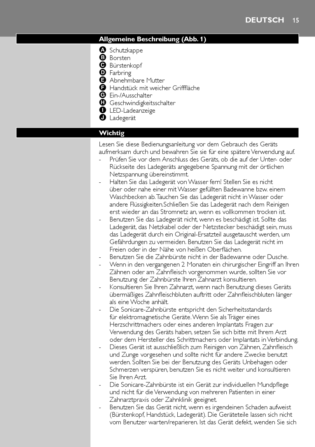 Philips e9000 manual Allgemeine Beschreibung Abb, Wichtig 