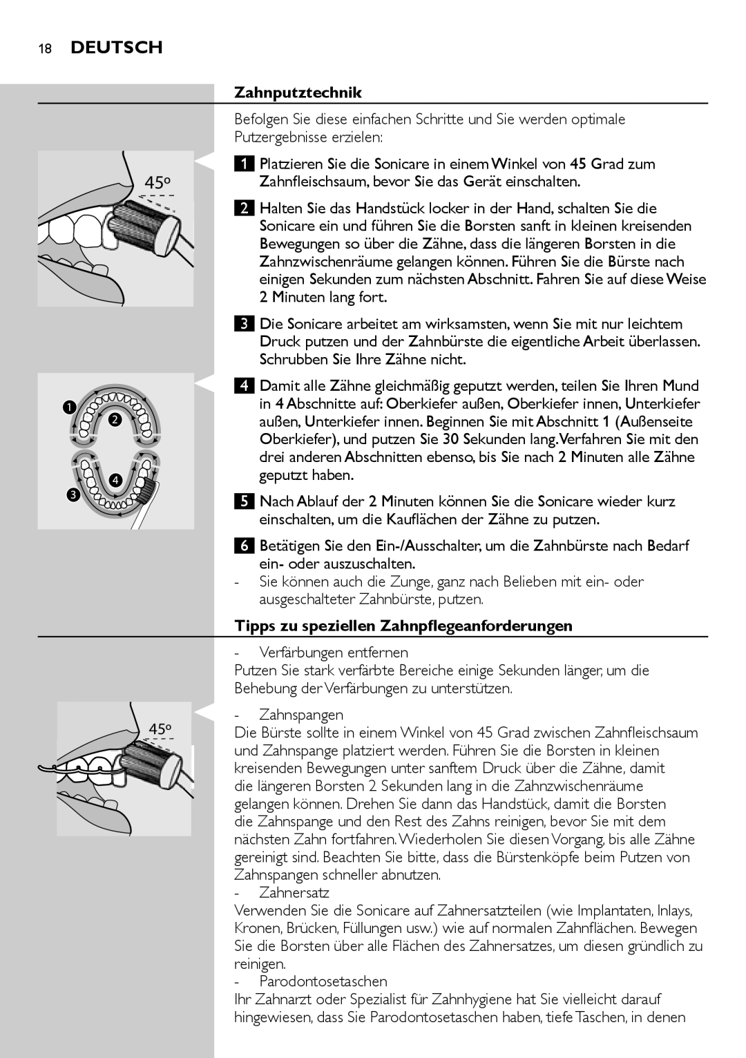 Philips e9000 manual Zahnputztechnik, Tipps zu speziellen Zahnpflegeanforderungen 