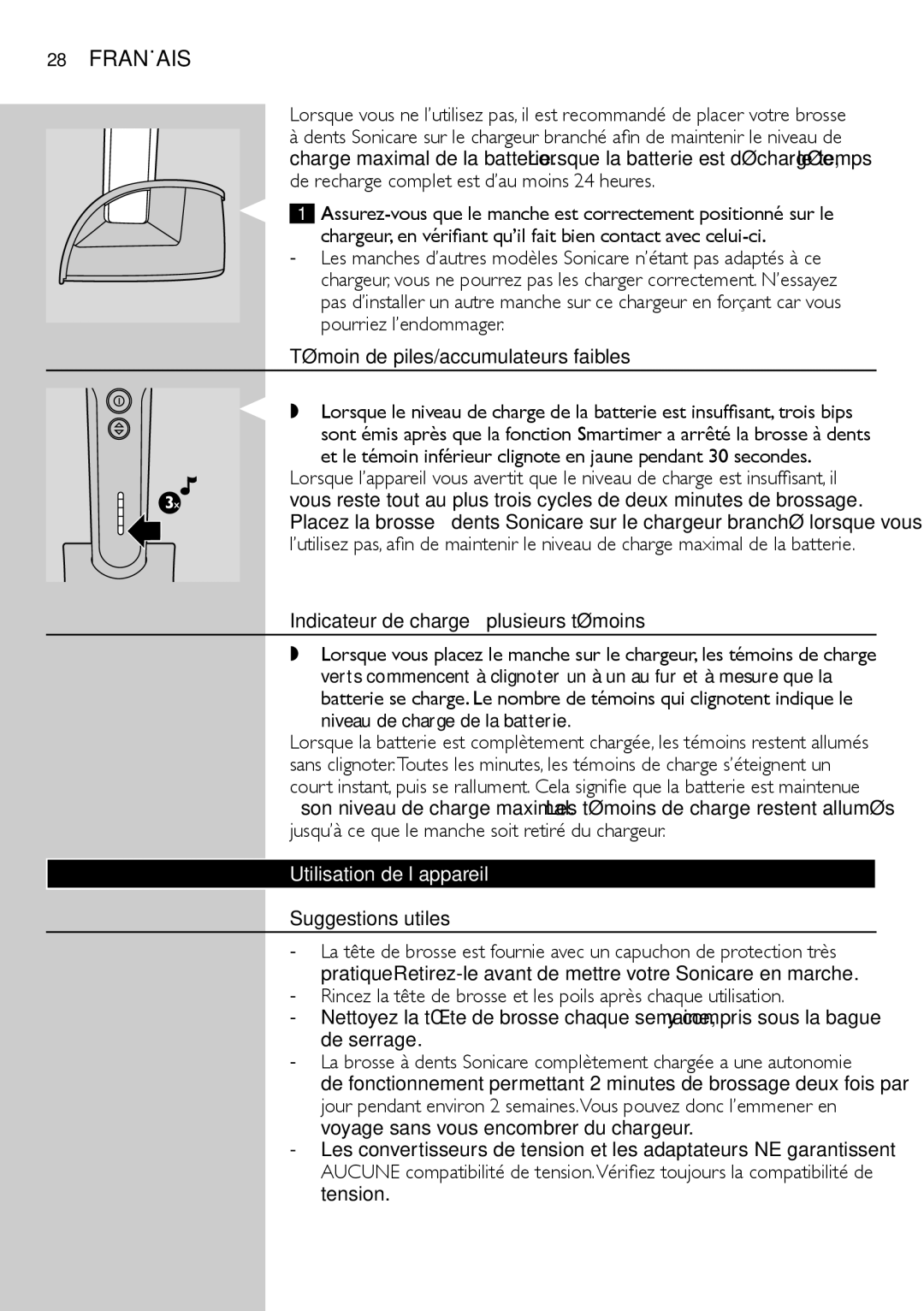 Philips e9000 Témoin de piles/accumulateurs faibles, Indicateur de charge à plusieurs témoins, Utilisation de l’appareil 