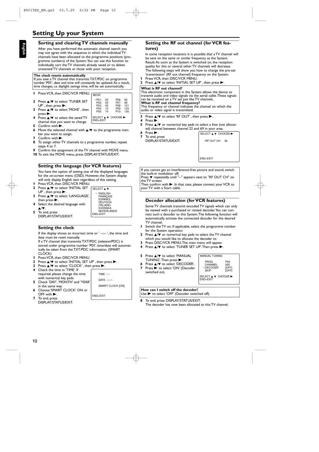 Philips MX5100VR/00, E9015ED Sorting and clearing TV channels manually, Setting the RF out channel for VCR fea- tures 