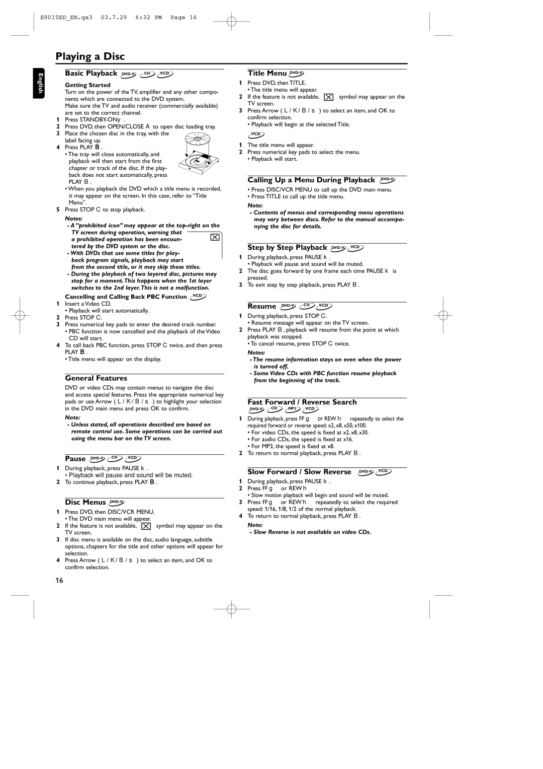 Philips MX5100VR/00, E9015ED, 0VMN03813 manual Playing a Disc 