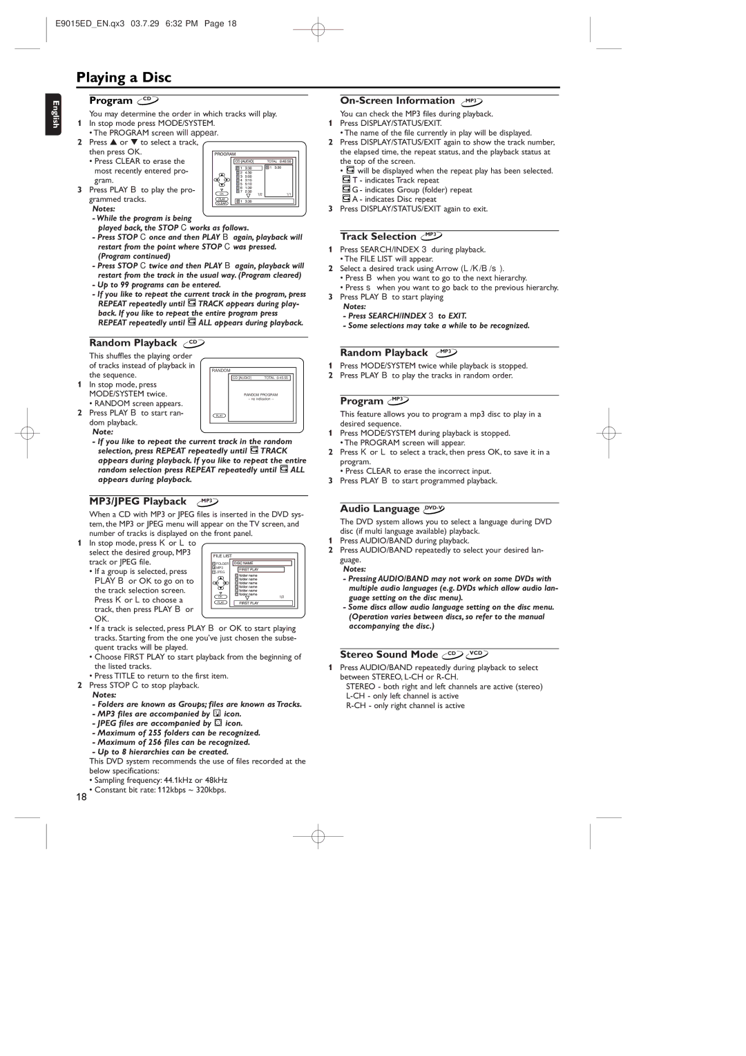 Philips E9015ED, 0VMN03813 Program CD, Random Playback, MP3/JPEG Playback, On-Screen Information MP3, Track Selection MP3 