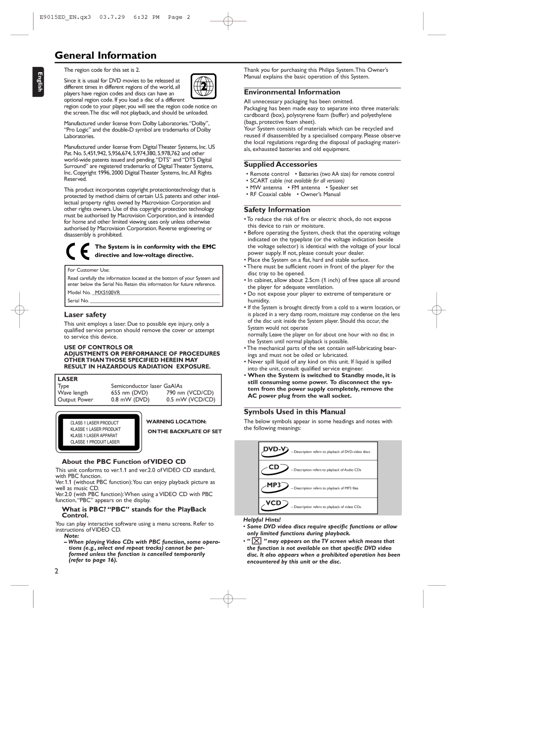 Philips 0VMN03813, E9015ED, MX5100VR/00 manual General Information 