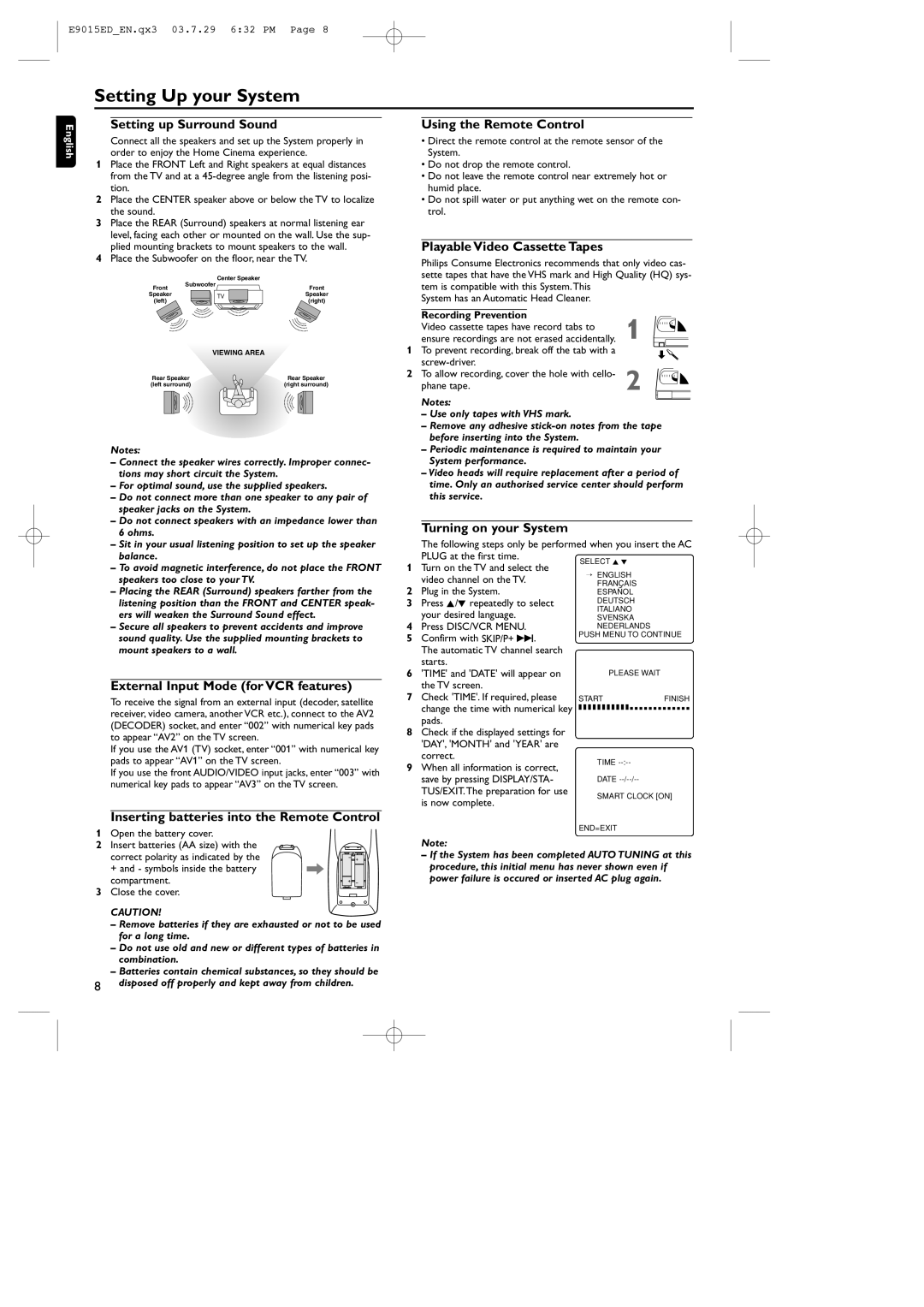 Philips 0VMN03813, E9015ED, MX5100VR/00 manual Setting Up your System 