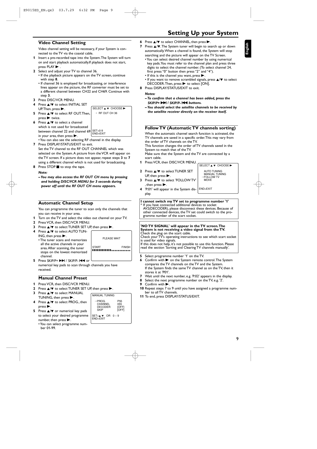 Philips E9015ED, MX5100VR/00 manual Video Channel Setting, Follow TV Automatic TV channels sorting, Automatic Channel Setup 
