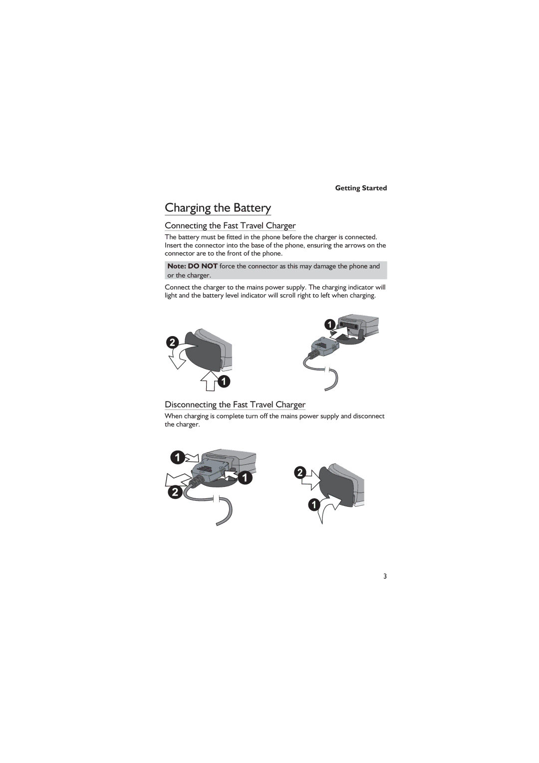 Philips EB-GD67 Charging the Battery, Connecting the Fast Travel Charger, Disconnecting the Fast Travel Charger 