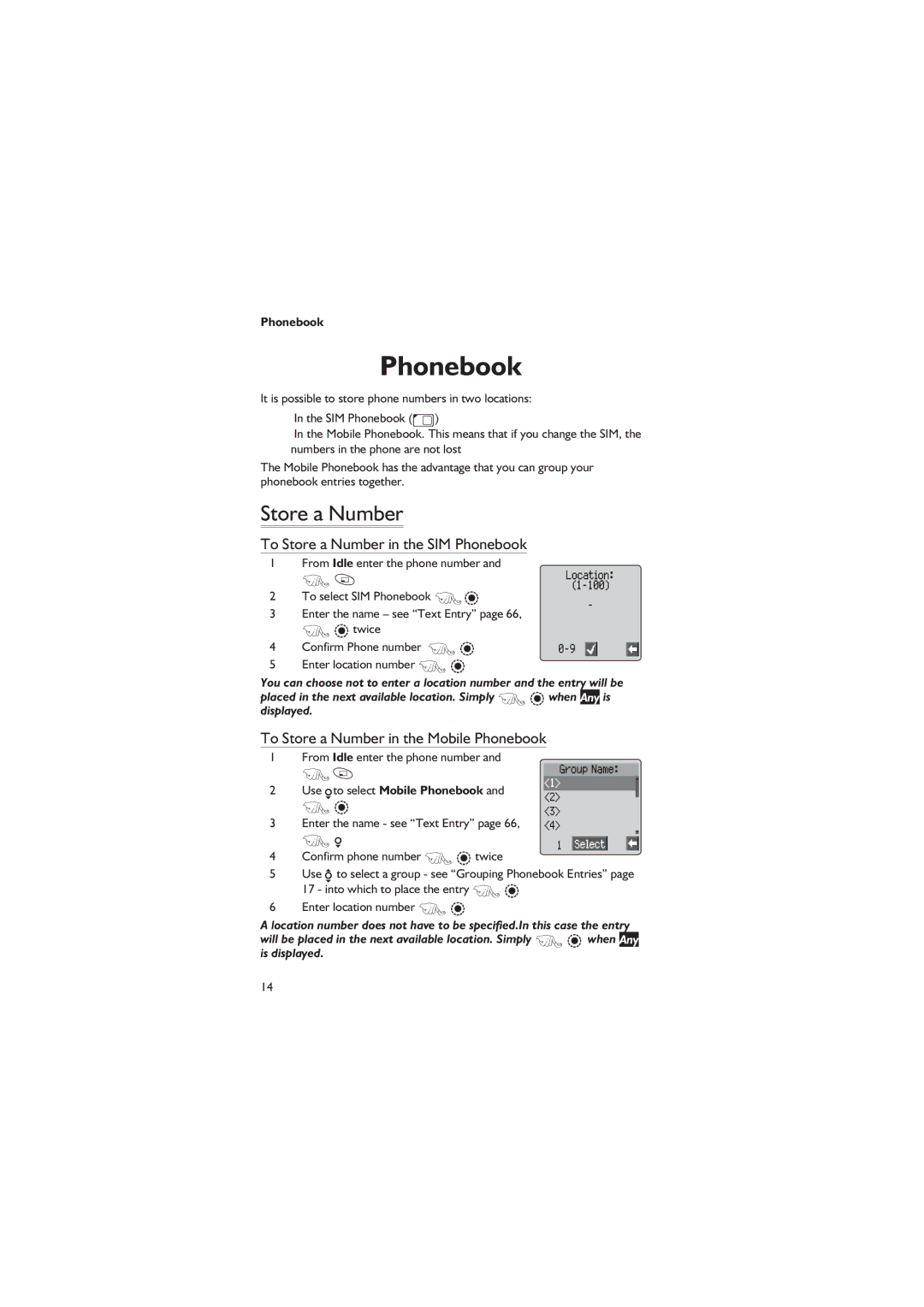 Philips EB-GD67 To Store a Number in the SIM Phonebook, To Store a Number in the Mobile Phonebook 