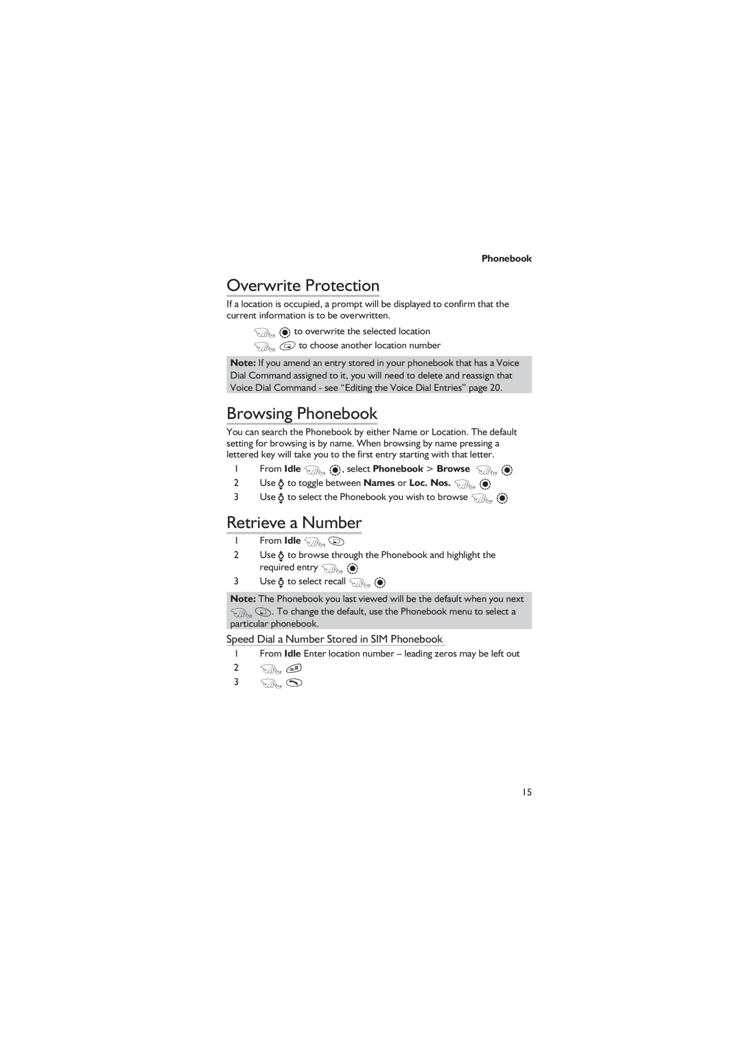 Philips EB-GD67 Overwrite Protection, Browsing Phonebook, Retrieve a Number, From Idle F Q, select Phonebook Browse F Q 