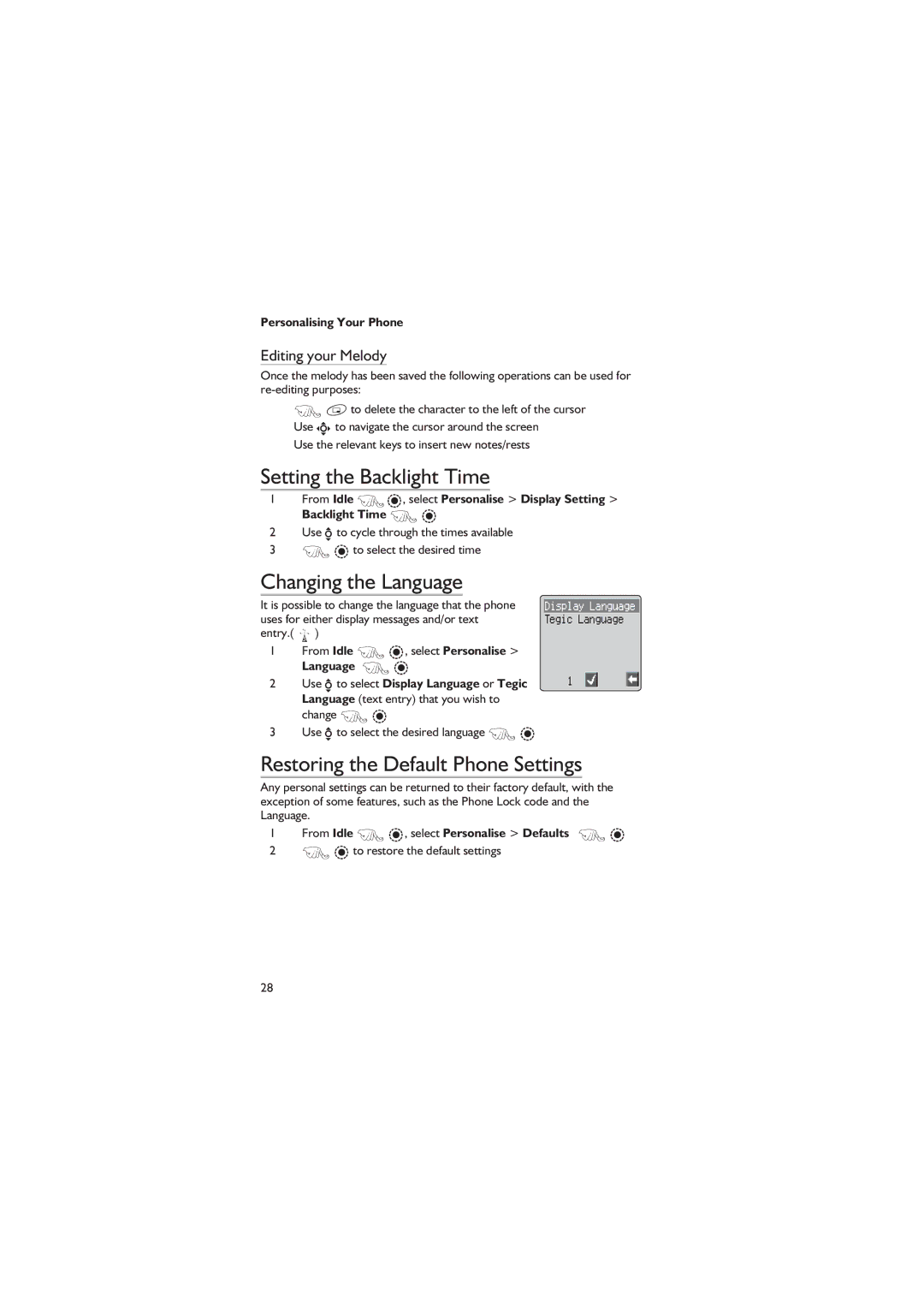 Philips EB-GD67 Setting the Backlight Time, Changing the Language, Restoring the Default Phone Settings 