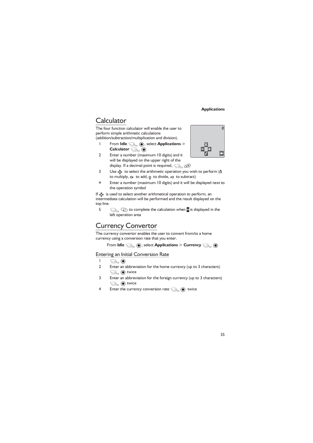 Philips EB-GD67 operating instructions Calculator, Currency Convertor, Entering an Initial Conversion Rate 