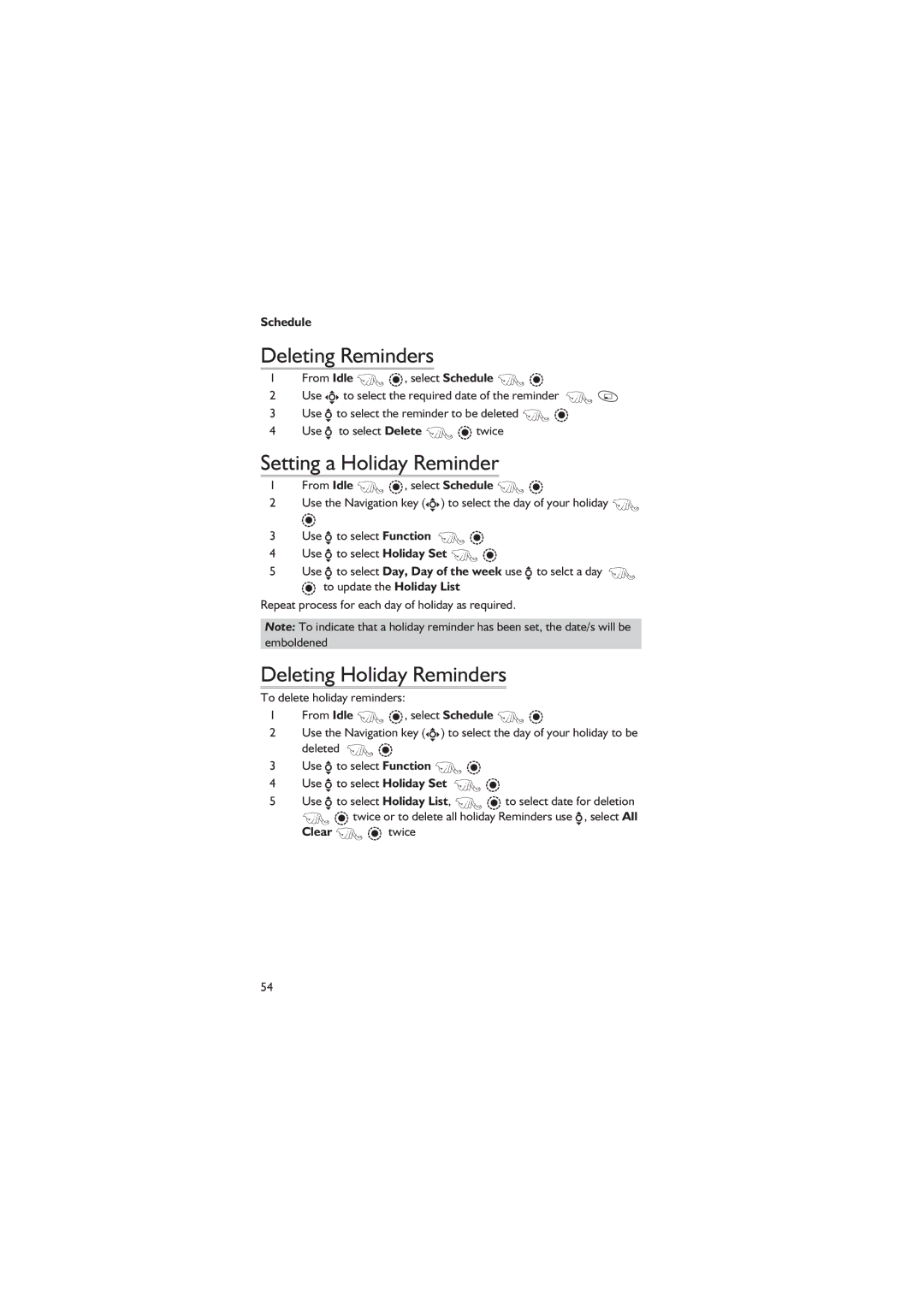 Philips EB-GD67 operating instructions Deleting Reminders, Setting a Holiday Reminder, Deleting Holiday Reminders 