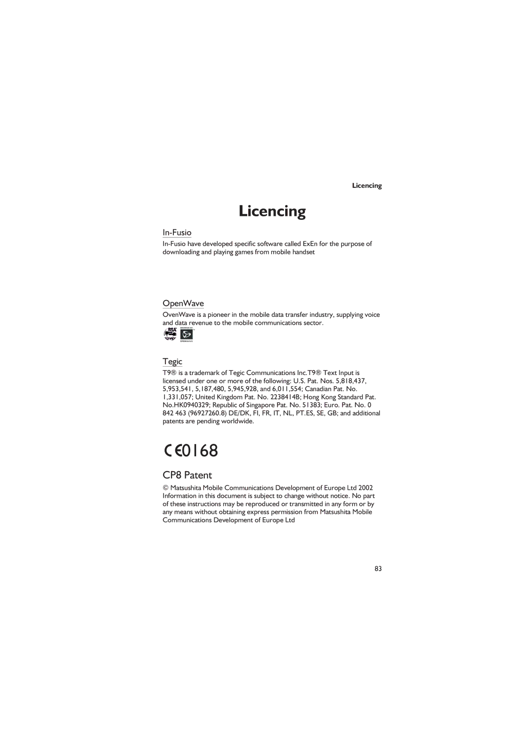 Philips EB-GD67 operating instructions Licencing, In-Fusio, OpenWave, Tegic 