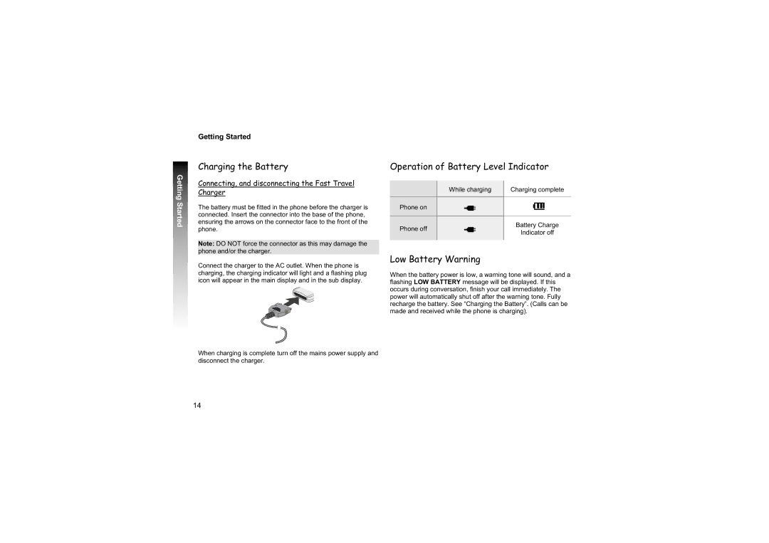 Philips EB-GD87 manual Charging the Battery, Operation of Battery Level Indicator, Low Battery Warning 