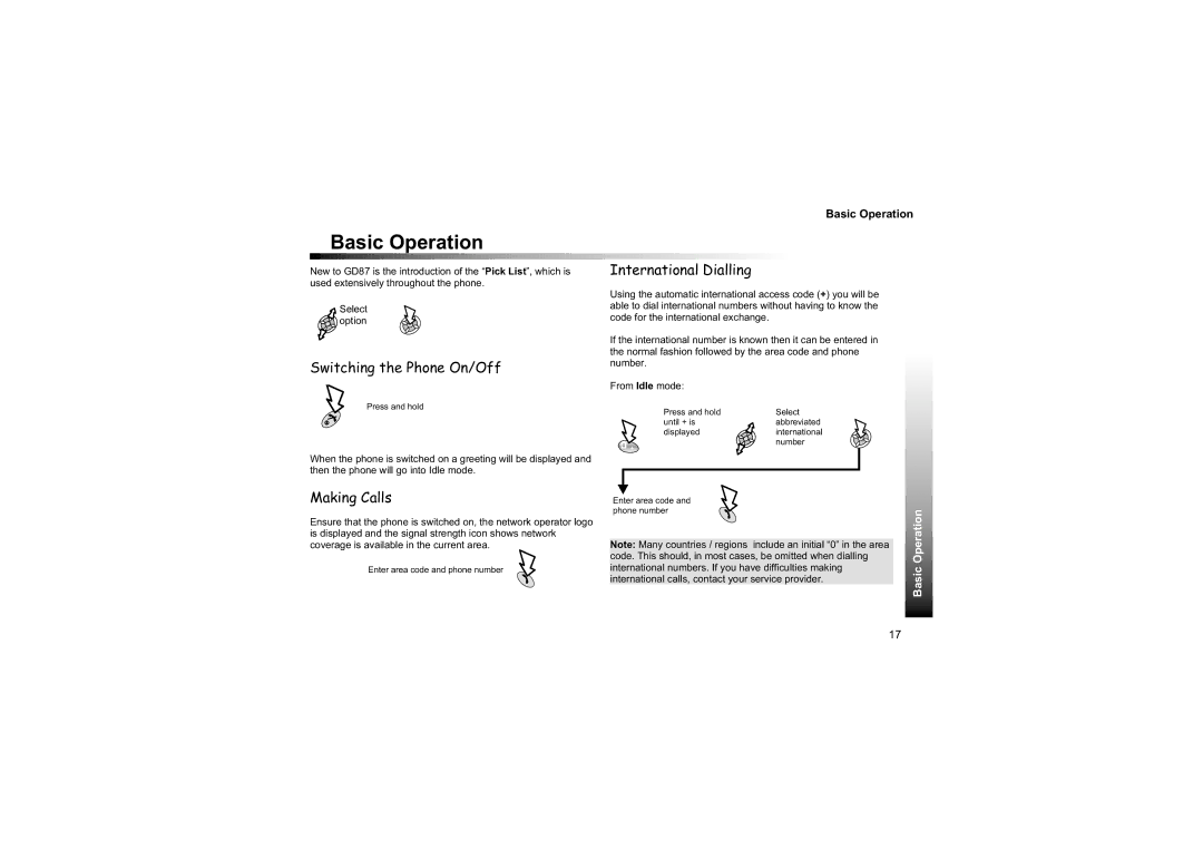 Philips EB-GD87 manual Basic Operation, Switching the Phone On/Off, International Dialling, Making Calls 