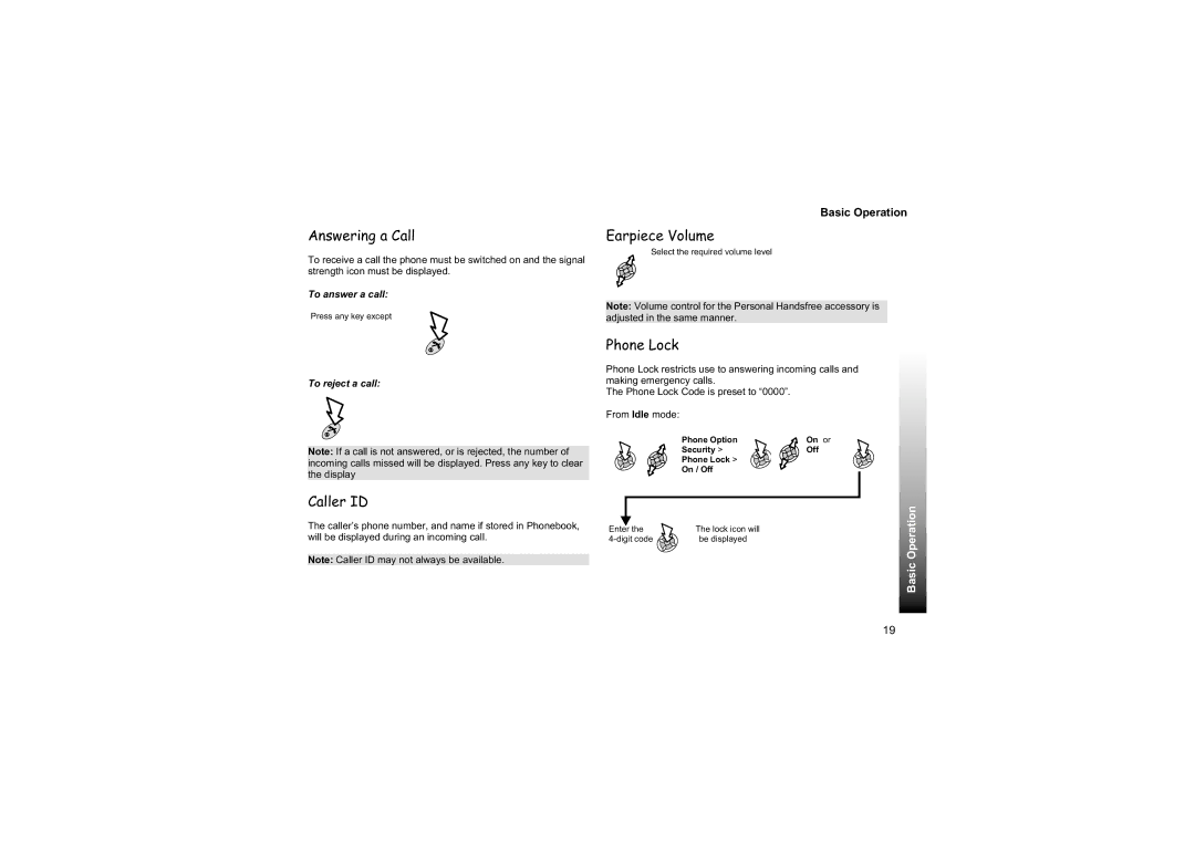 Philips EB-GD87 manual Answering a Call, Earpiece Volume, Phone Lock, Caller ID 