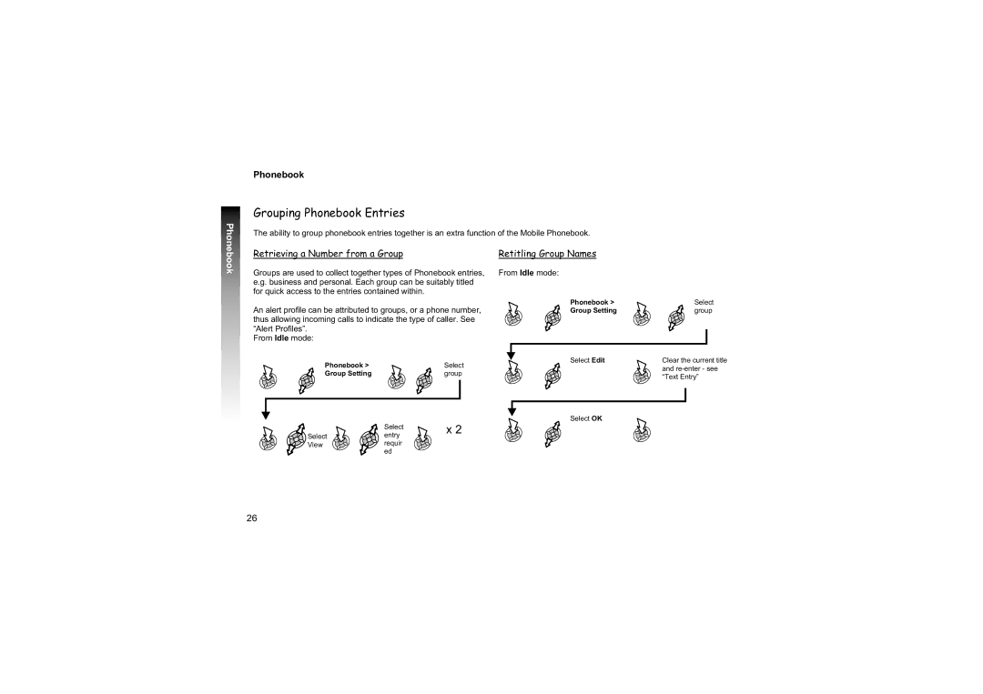 Philips EB-GD87 manual Grouping Phonebook Entries, Retrieving a Number from a Group Retitling Group Names, Group Setting 