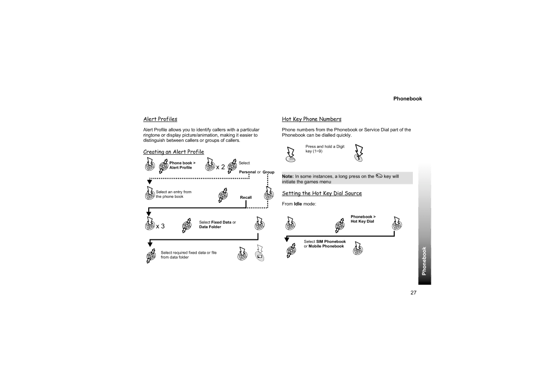 Philips EB-GD87 manual Alert Profiles, Hot Key Phone Numbers, Creating an Alert Profile, Setting the Hot Key Dial Source 