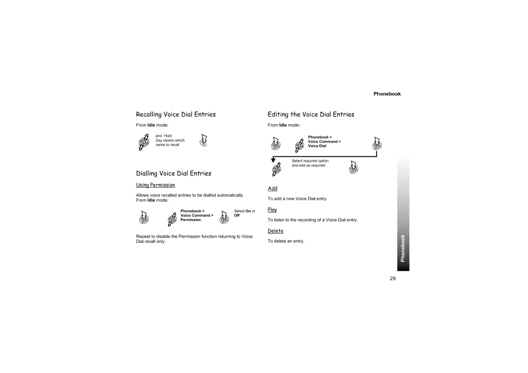 Philips EB-GD87 manual Recalling Voice Dial Entries, Dialling Voice Dial Entries, Editing the Voice Dial Entries 