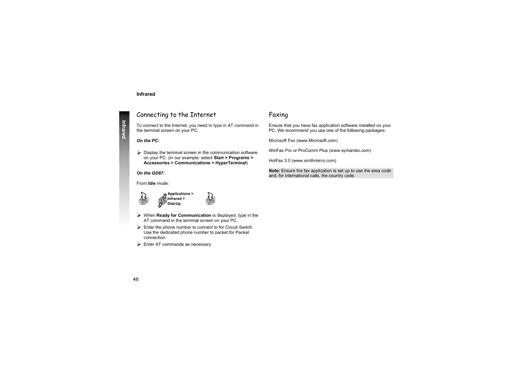 Philips EB-GD87 manual Connecting to the Internet, Faxing, Applications Infrared Dial-Up 