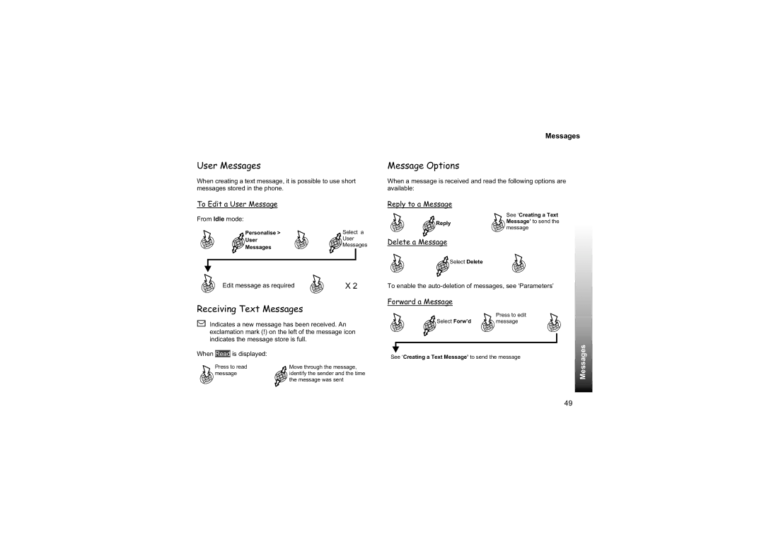 Philips EB-GD87 manual User Messages, Message Options, Receiving Text Messages 