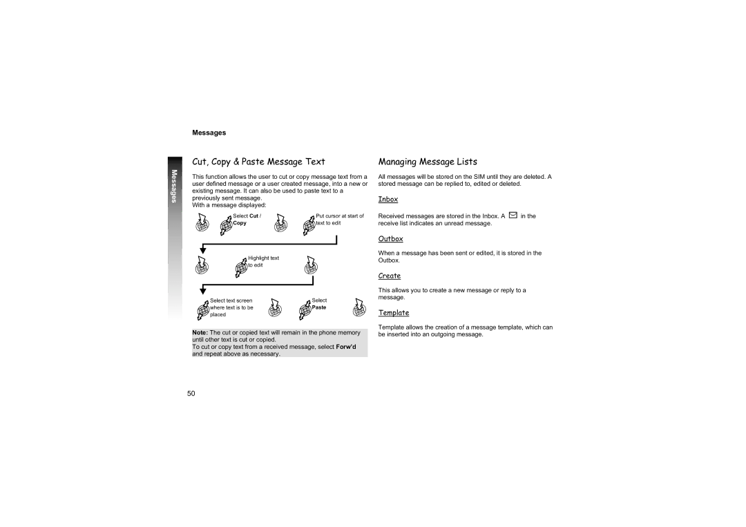 Philips EB-GD87 manual Cut, Copy & Paste Message Text, Managing Message Lists, Inbox, Outbox, Template 