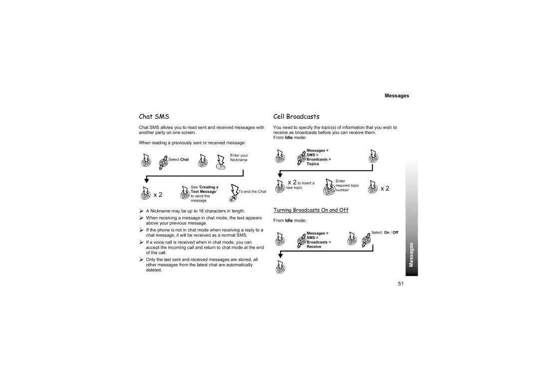 Philips EB-GD87 manual Chat SMS, Cell Broadcasts, Turning Broadcasts On and Off 