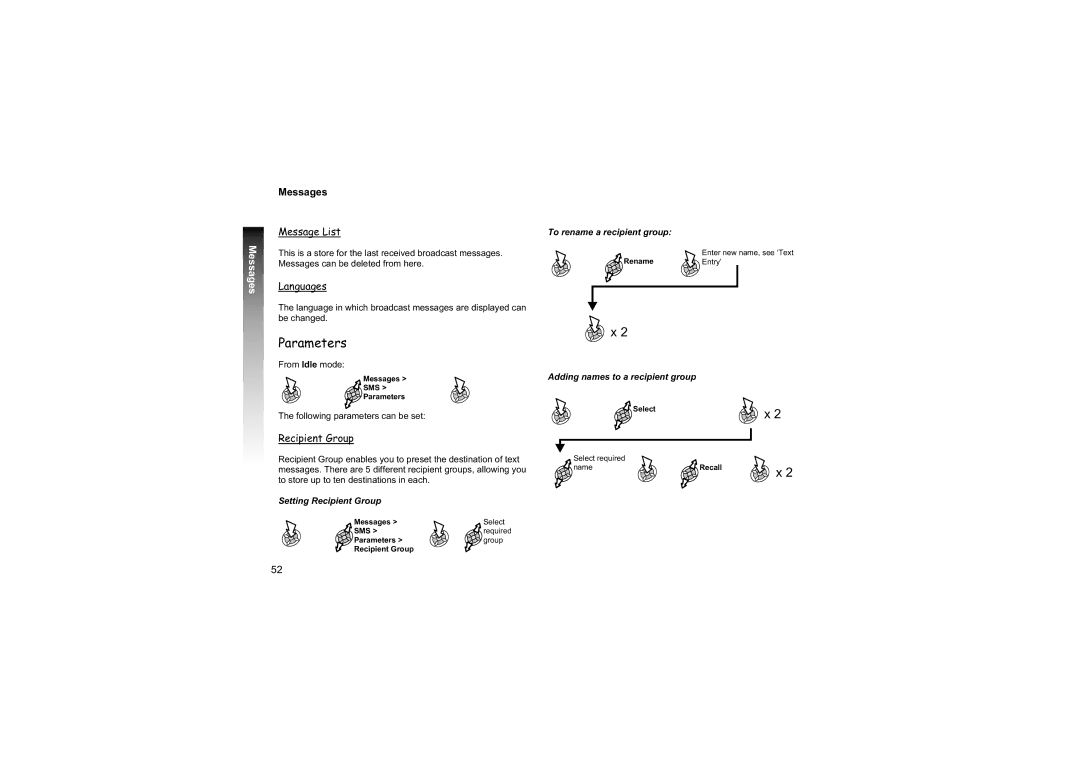 Philips EB-GD87 manual Parameters, Message List, Languages, Recipient Group 