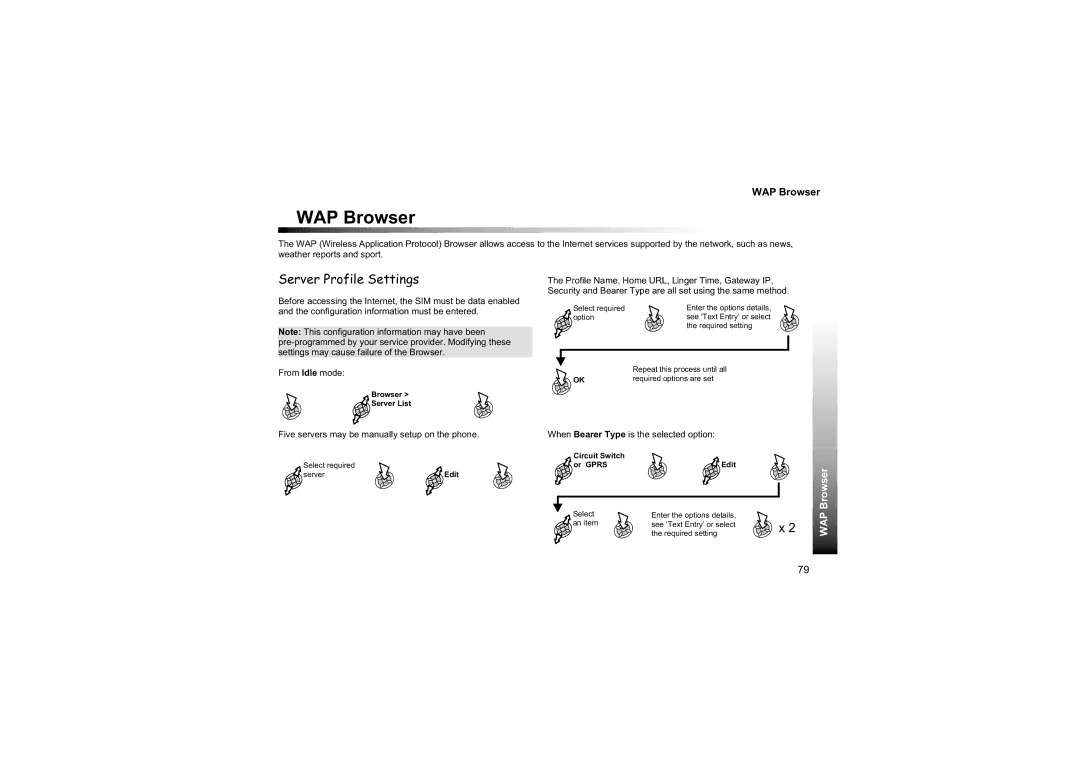 Philips EB-GD87 manual WAP Browser, Server Profile Settings, Browser Server List, Circuit Switch Or Gprs Edit 